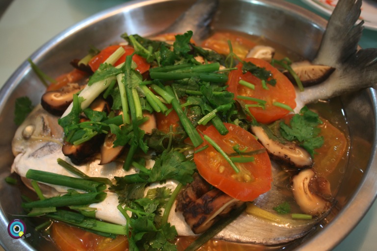White Pomfret Fish with Dried Mushroom, Spring Onion, Coriander and Tomato
